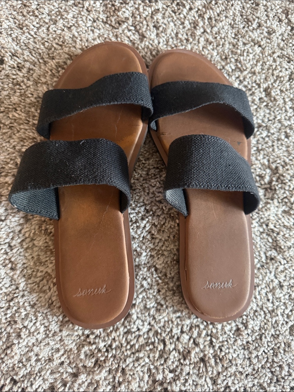 Sanuk Women's Black Double-Strap Slides with Brown Footbed